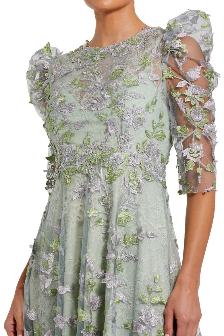 Applique High Neck 3/4 Puff Sleeve A Line Dress, Alternate, color, Sage