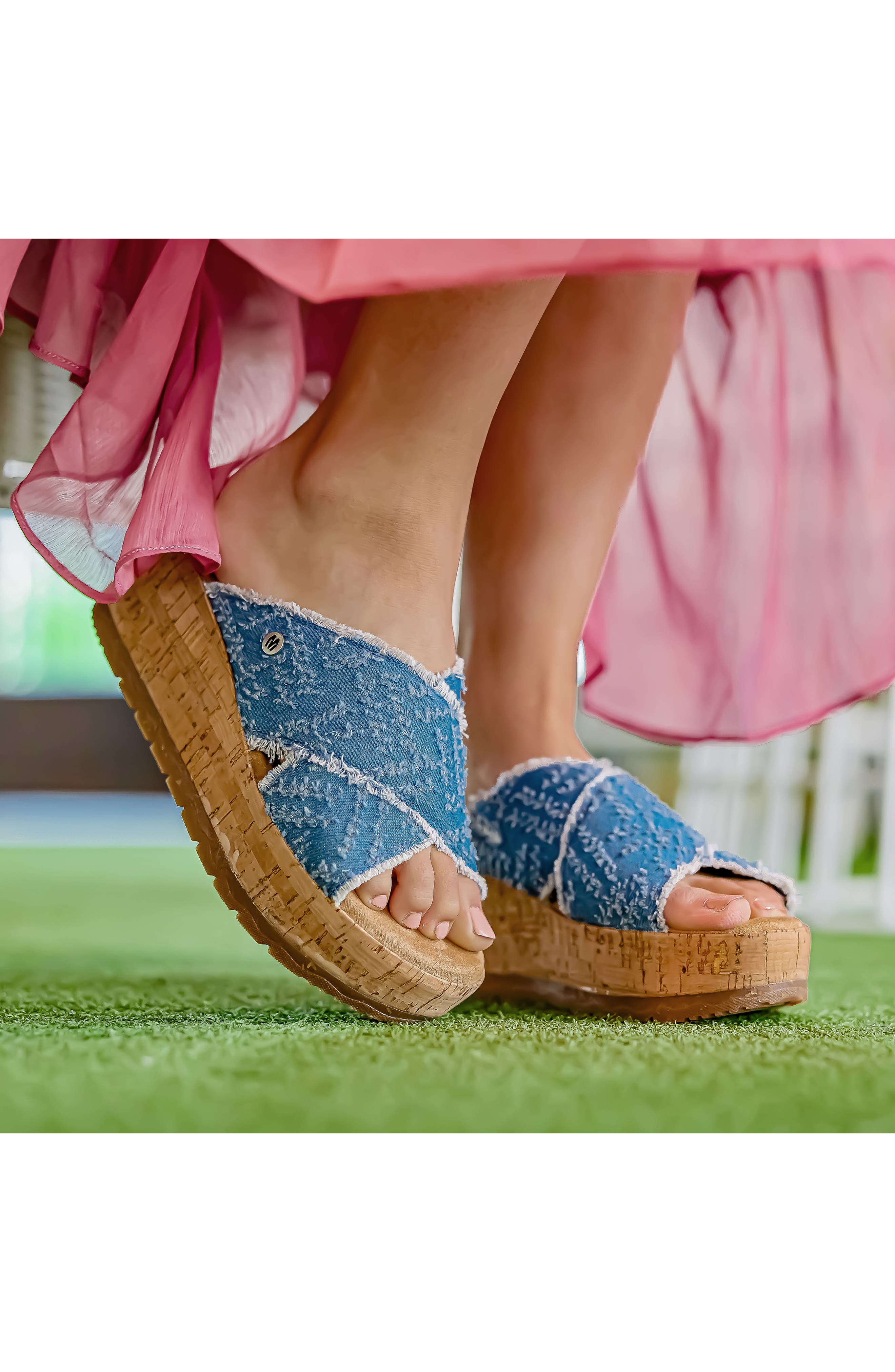 Minnetonka Posey Platform Wedge Slide Sandal, Alternate, color, Blue Distressed Denim