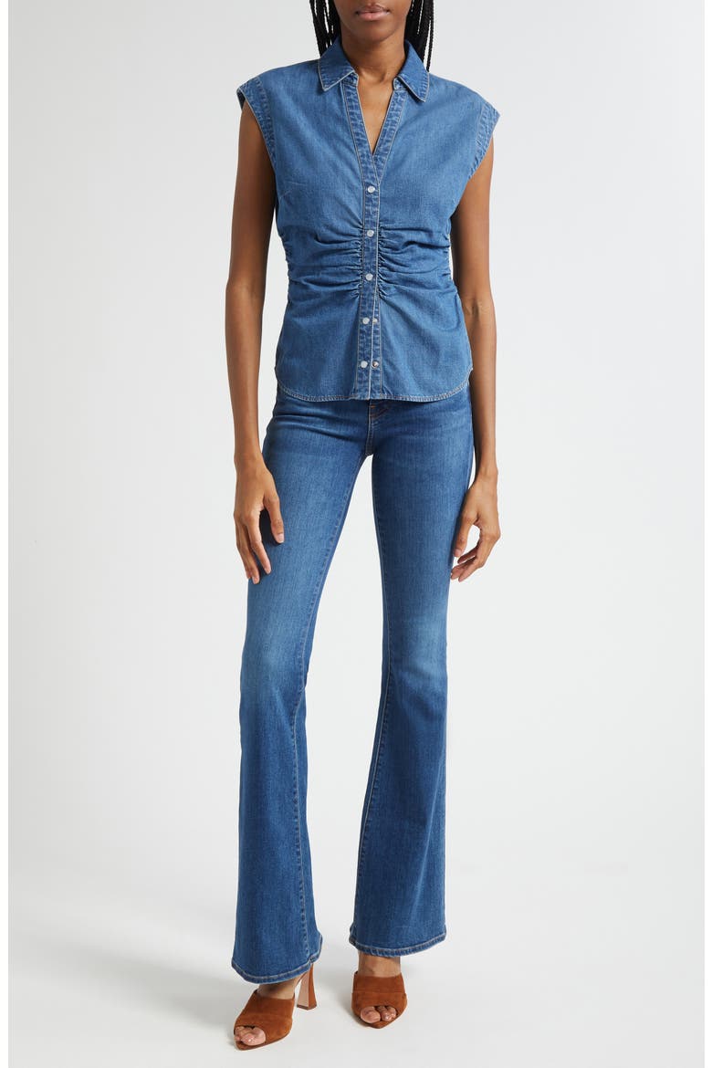 Sera Center Ruched Sleeveless Denim Button-Up Shirt, Main, color, SERENDIPITY