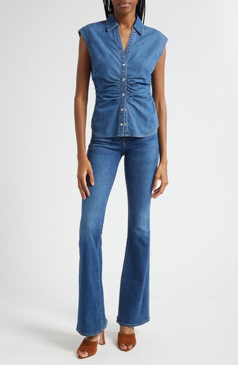 Sera Center Ruched Sleeveless Denim Button-Up Shirt