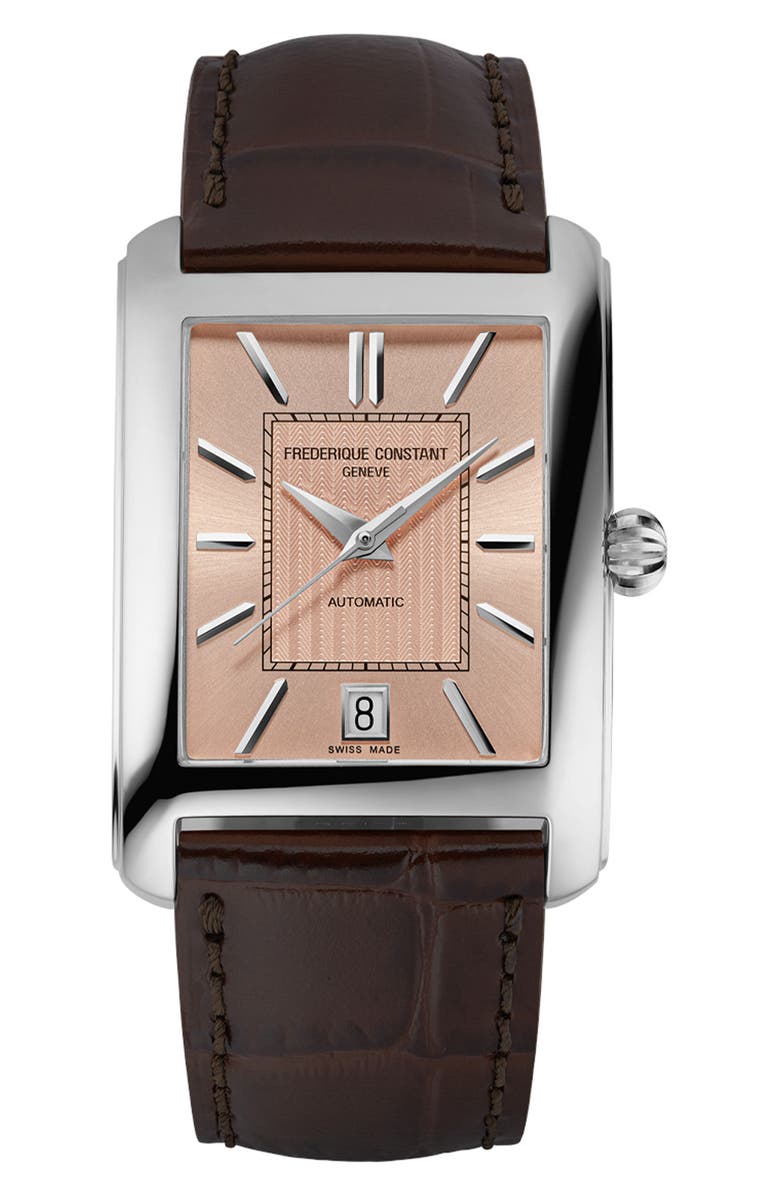 FREDERIQUE CONSTANT Classics Carrée Automatic Tank Leather Strap Watch, 30mm x 42.3mm, Main, color, Brown
