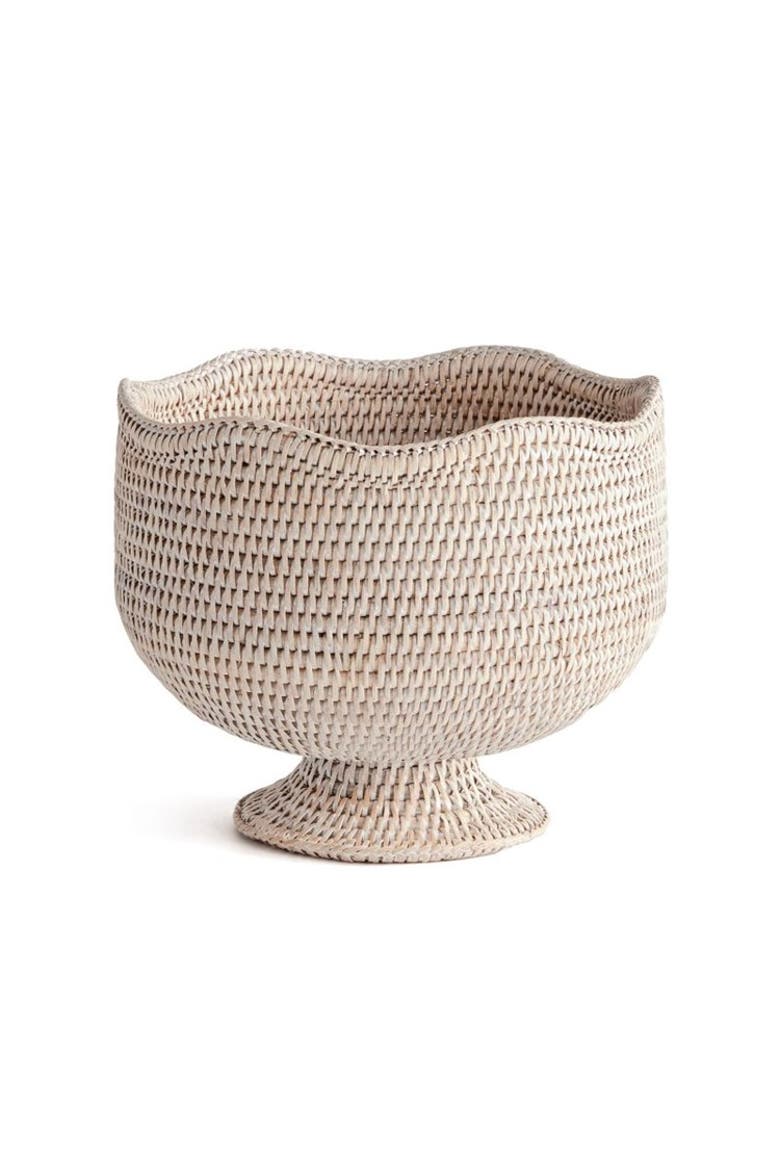 9.25" x 10.75" Woven Burma Rattan Scalloped Edge Decorative Footed Cachepot Planter, Main, color, White