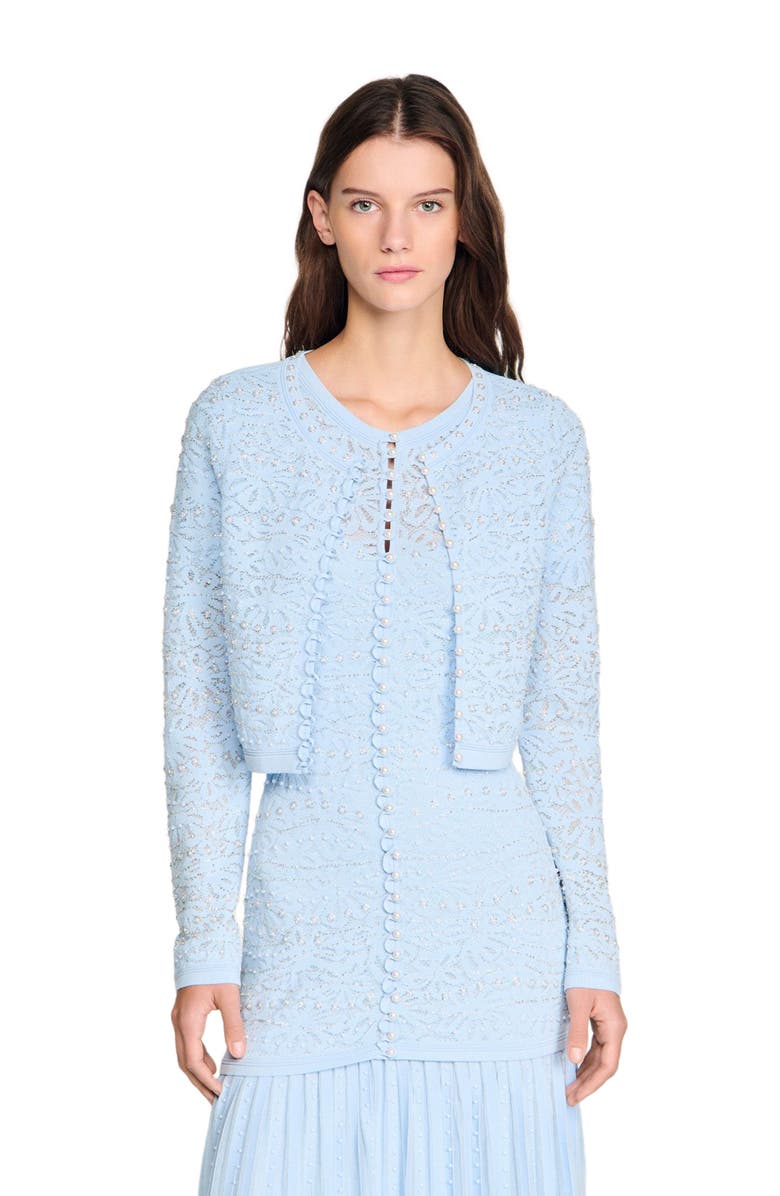 SANDRO Cropped pearled cardigan, Main, color, Sky Blue