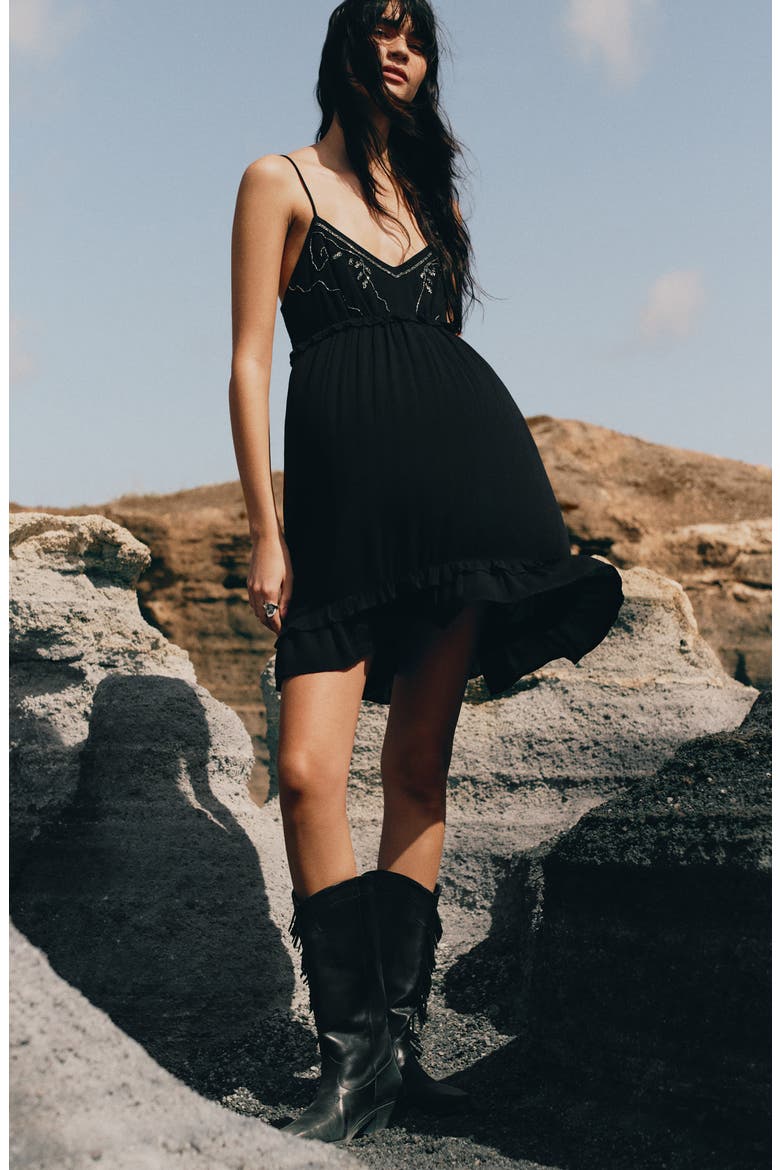 Beaded Ruffle Trim Tiered Minidress, Alternate, color, BLACK