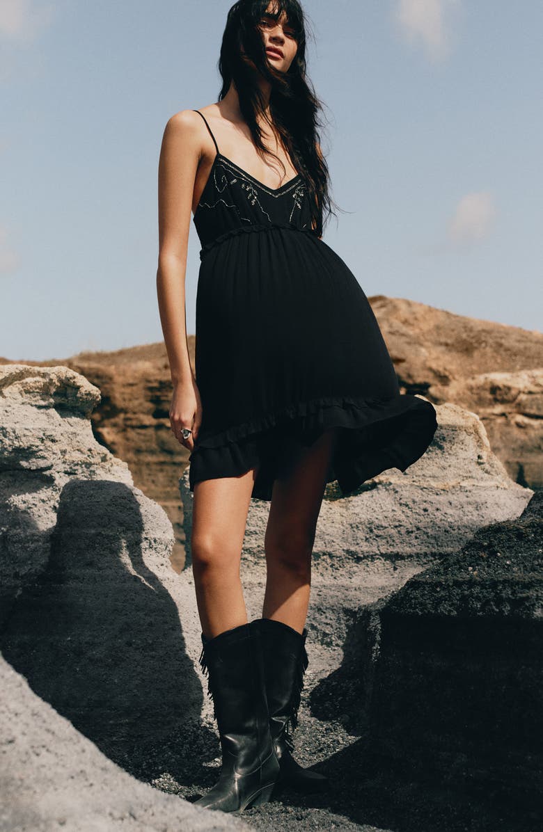 MANGO TEEN Beaded Ruffle Trim Tiered Minidress, Alternate, color, Black