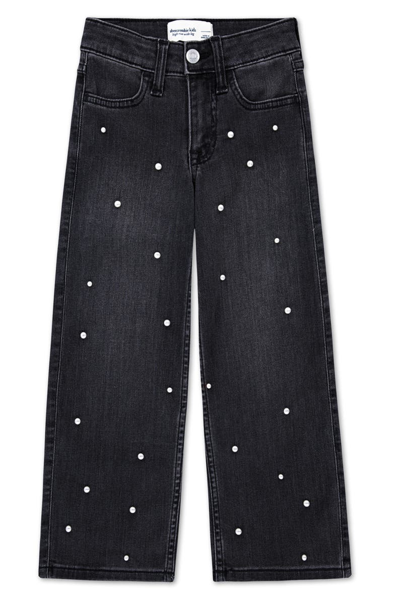 abercrombie kids Kids' Faux Pearl Embellished Wide Leg Jeans, Main, color, Stormy Night