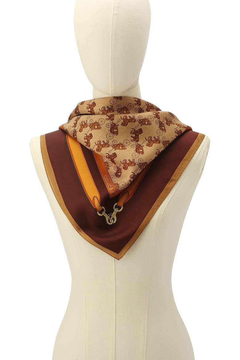 Horse & Carriage Print Silk Square Scarf, Alternate, color, BROWN
