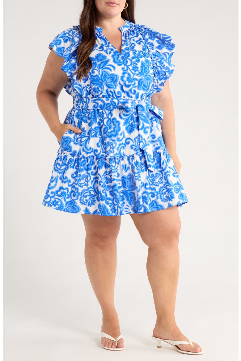 Magee Floral Print Ruffle Minidress, Main, color, WHITE/ BLUE/ MULTI