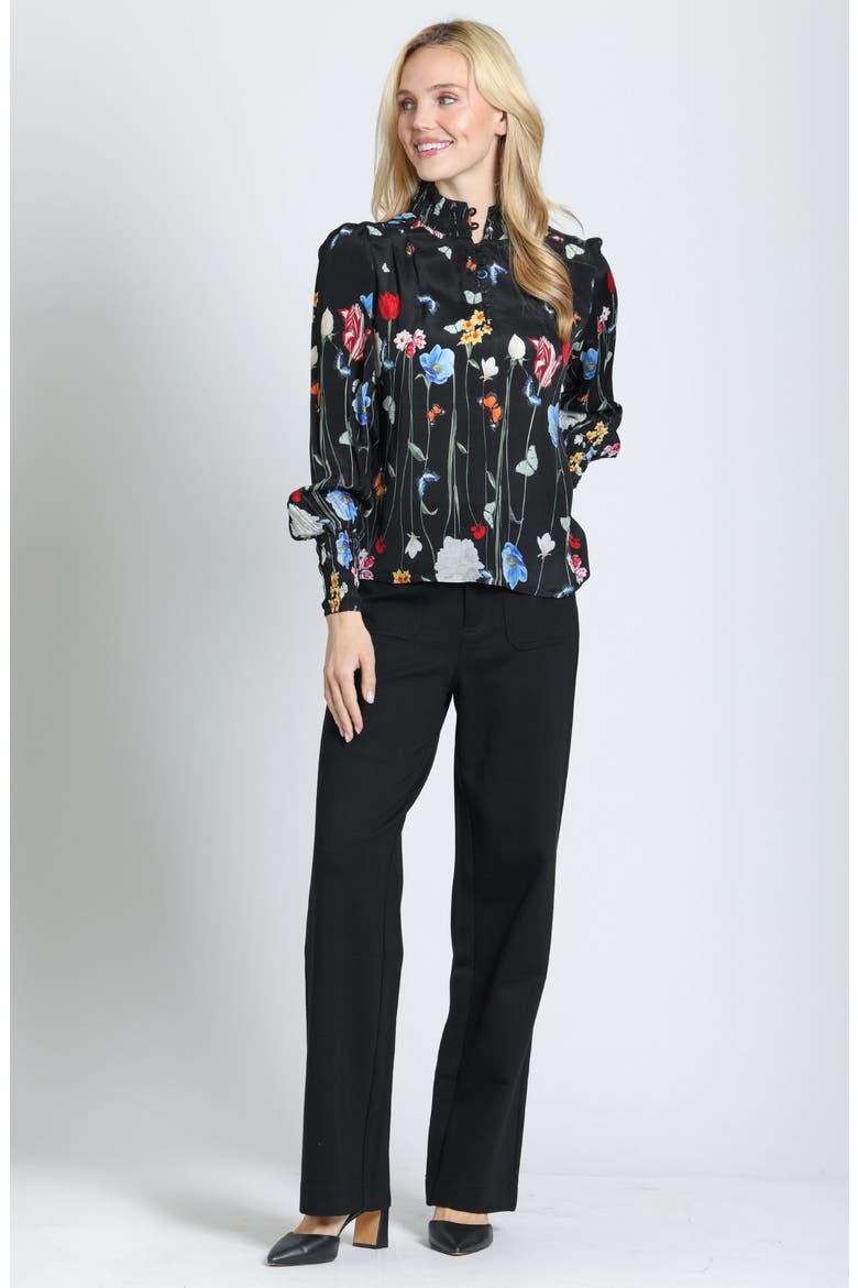 Print Smocked Cuff Long Sleeve Top, Alternate, color, ONYX/PRIMARY PETALS