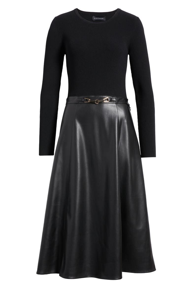 The Quinn Mixed-Media Faux Leather Dress, Alternate, color, NOIR