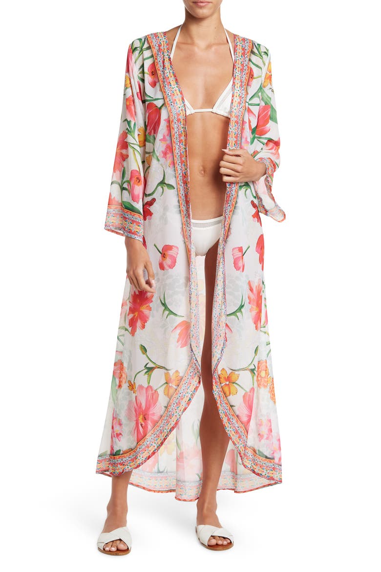 Floral Print Cover-Up Long Duster, Main, color, WHITE