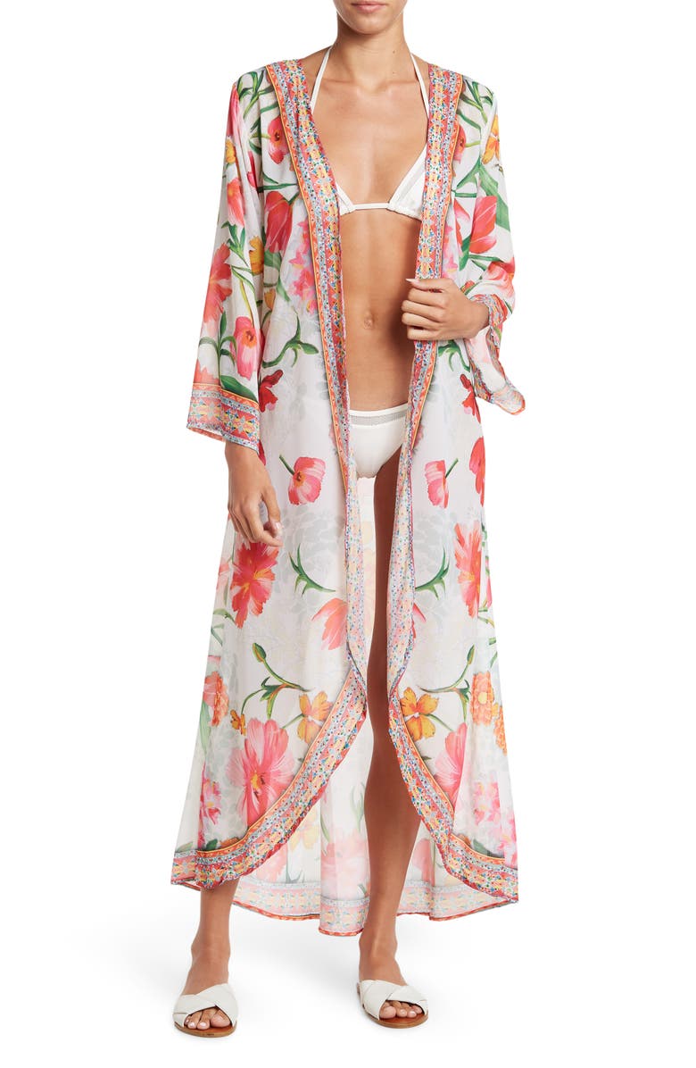 RANEES Floral Print Cover-Up Long Duster, Main, color, White