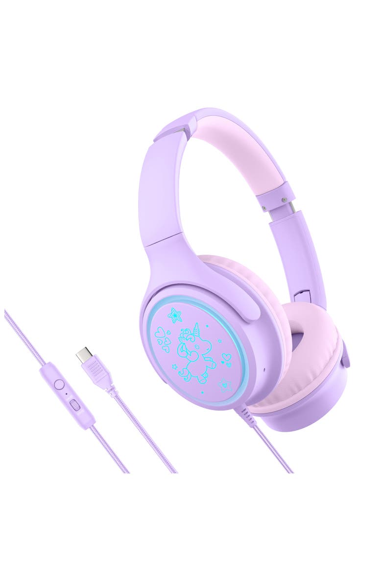KidJamz KJ65U Safe Listening USB-C Over-Ear Headphones for Kids with LED Lights, Main, color, Lavender