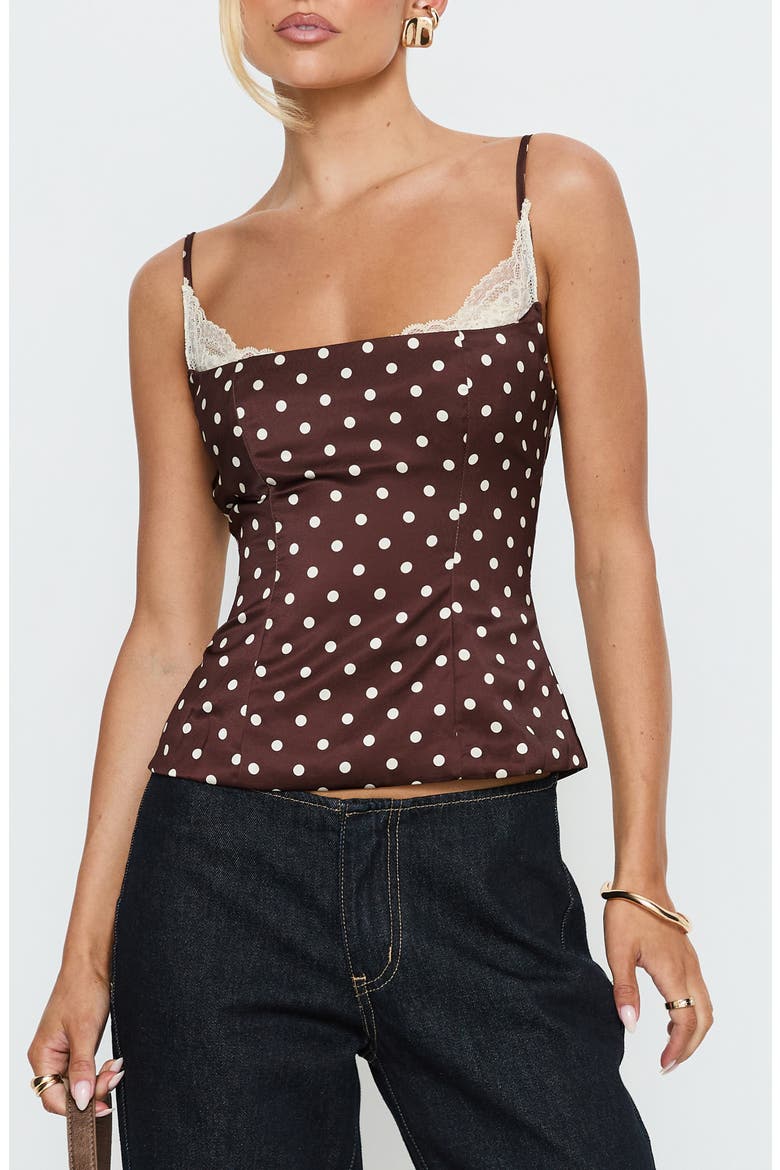 Renaissance Corset Lace Top, Main, color, BROWN POLKA