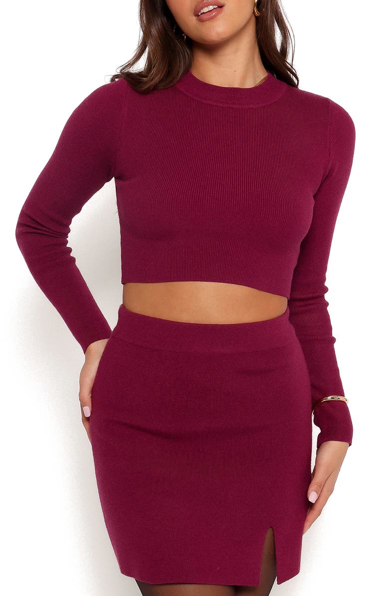 Petal & Pup Vara Long Sleeve Crop Sweater & Miniskirt Set, Main, color, Plum
