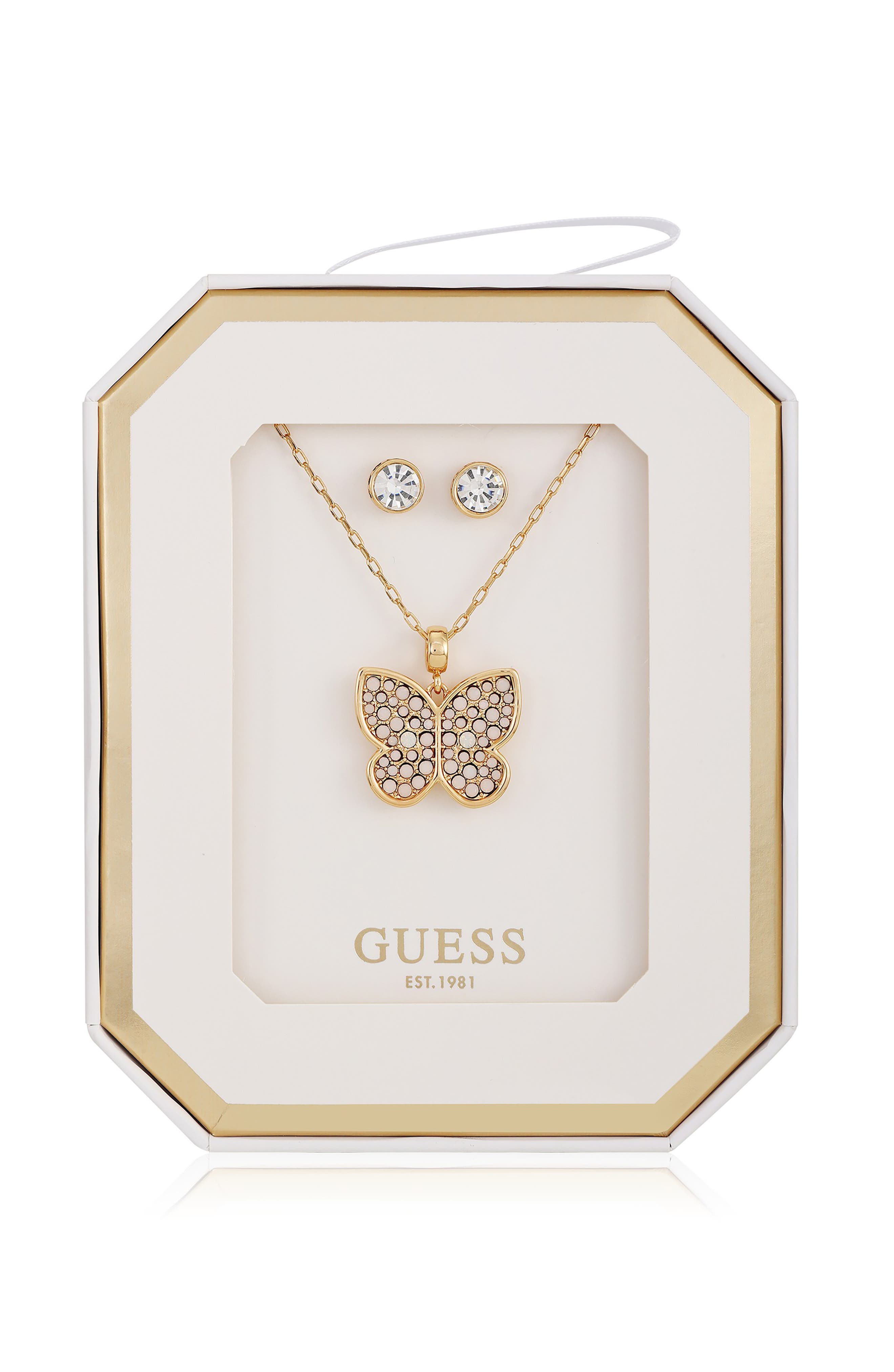 GUESS Butterfly Pendant Necklace & Stud Earrings Set