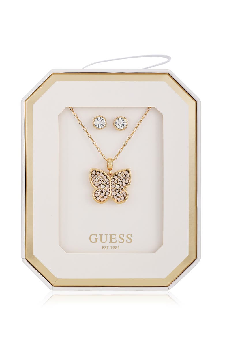 GUESS Butterfly Pendant Necklace & Stud Earrings Set, Main, color, Gold
