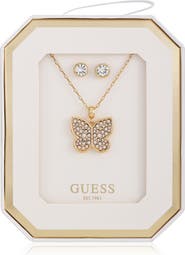 GUESS Butterfly Pendant Necklace & Stud Earrings Set