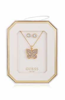 GUESS Butterfly Pendant Necklace & Stud Earrings Set