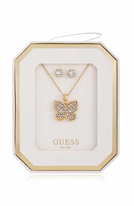 GUESS Butterfly Pendant Necklace & Stud Earrings Set