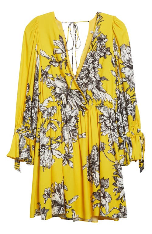 Alice And Olivia Clarissa Deep V Tie Sleeve Mini Dress Blooming Wild Golden Hour In Yellow