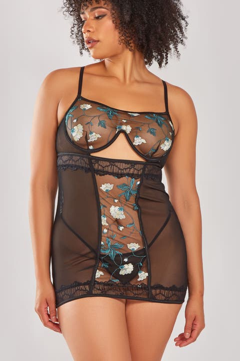 Embroidered Mesh Peekaboo Chemise Set