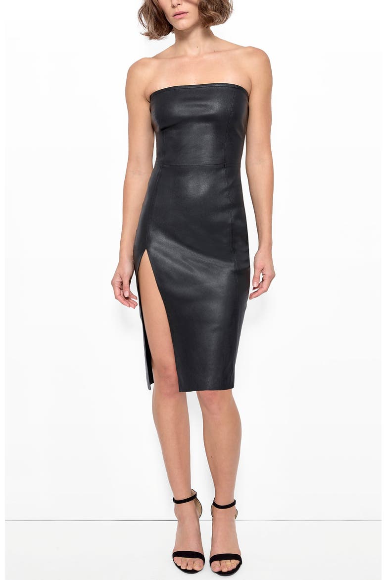 Aura Stretch Leather Dress, Alternate, color, Black