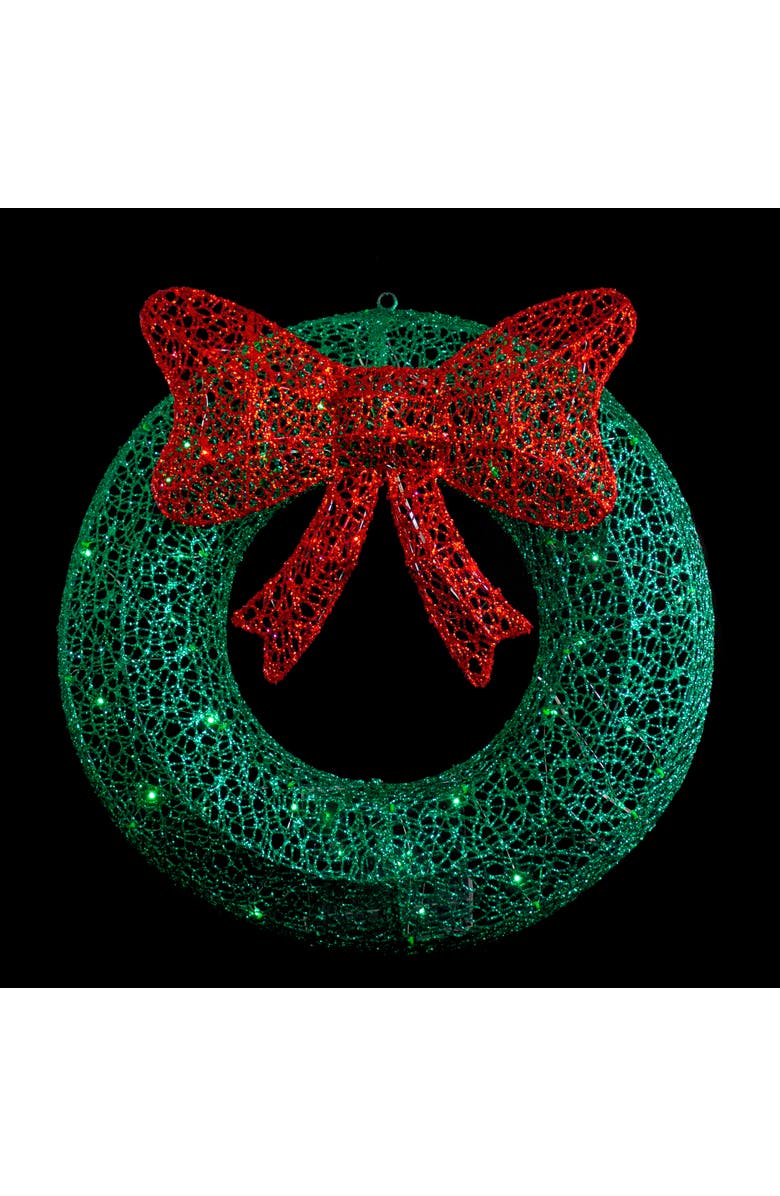 Northlight 24" LED Lighted Green Glitter Wreath with Red Bow Outdoor Christmas Decoration, Alternate, color, Green