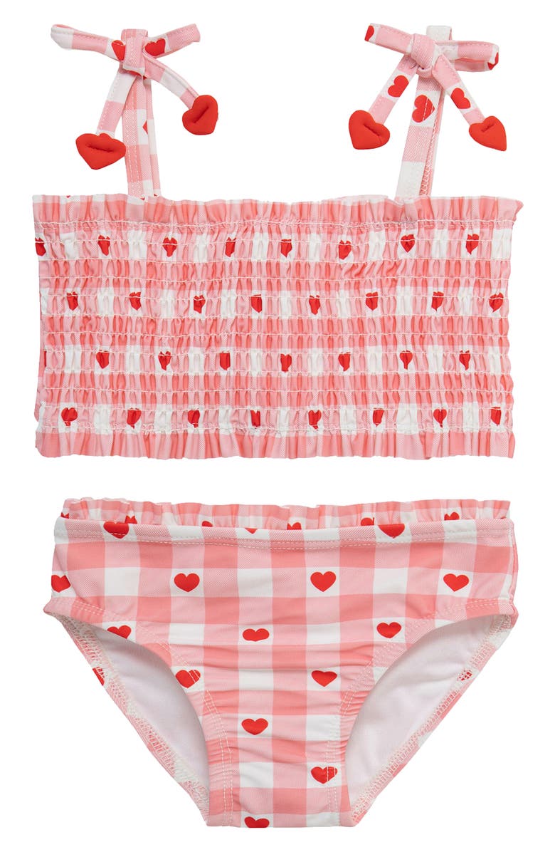 Little Me Kids' Heart Smocked Top UPF 50+ Two-Piece Swimsuit, Main, color, Pink