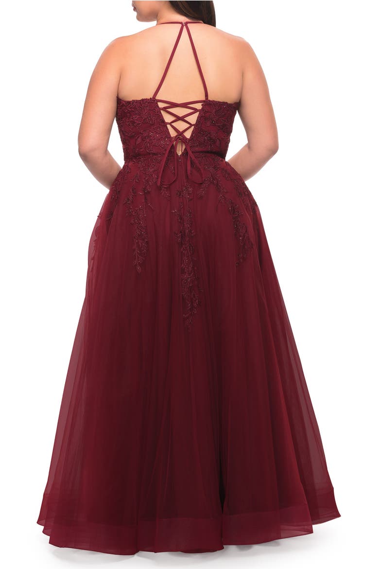 Tulle Gown with Lace Bodice and High Neckline, Alternate, color, Wine
