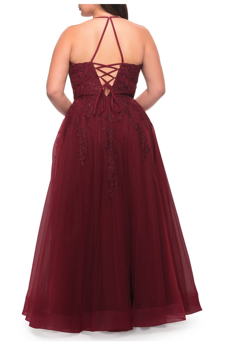 La Femme Tulle Gown with Lace Bodice and High Neckline, Alternate, color, Wine