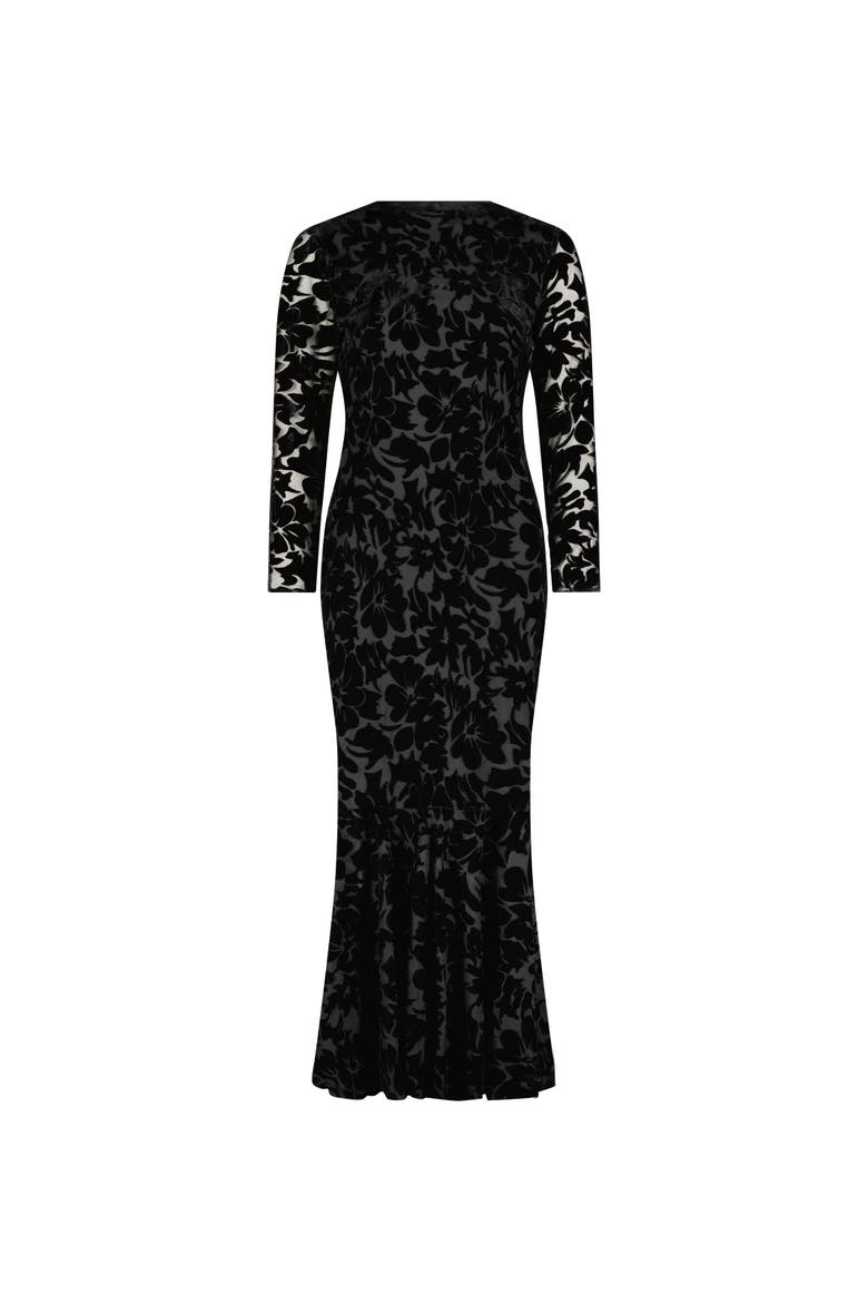 Burnout Velvet Long Sleeve Ruffle Hem Midi Dress, Alternate, color, Black