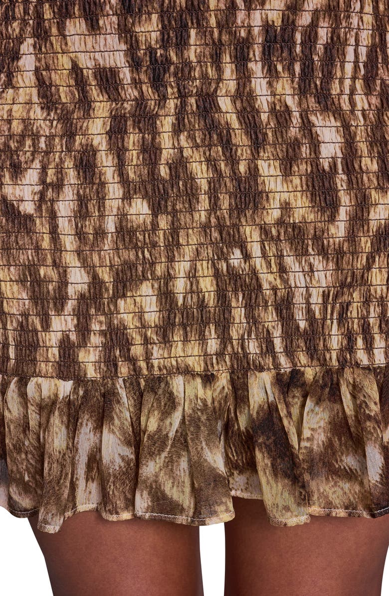 BCBG Leopard Print Smocked Chiffon Minidress, Alternate, color, Espresso Dusk Multi