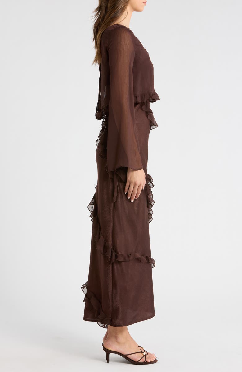 Damson Madder Carmen Ruffle Long Sleeve Satin Midi Dress, Alternate, color, Chocolate