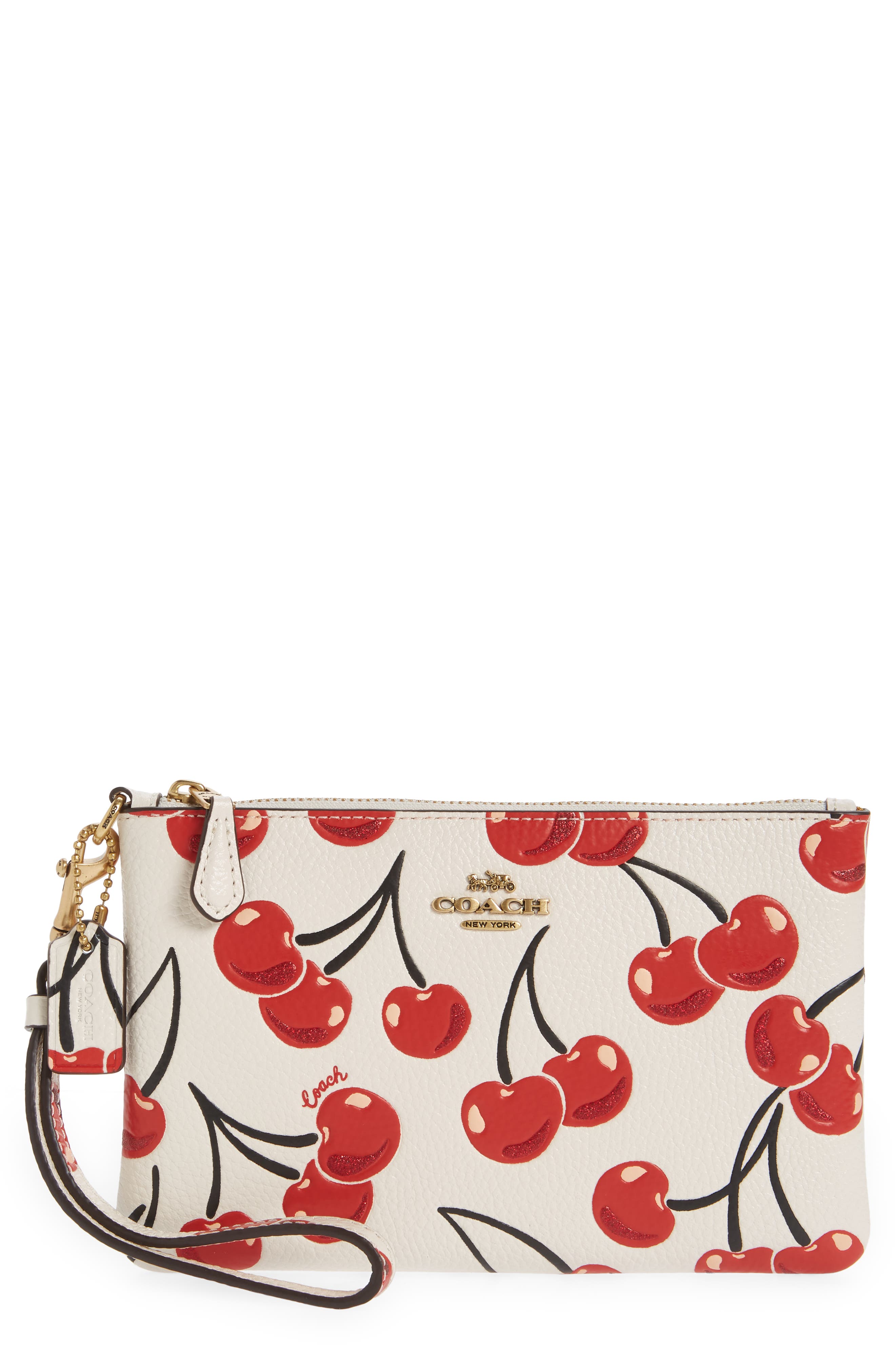 COACH Cherry Print Small Leather Wristlet, Main, color, 