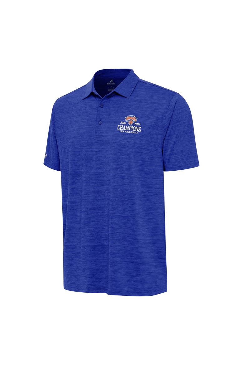 Men's Antigua Heather Blue New York Knicks 2026 NBA Finals Champions Wordmark Layout Polo, Alternate, color, Heather Blue