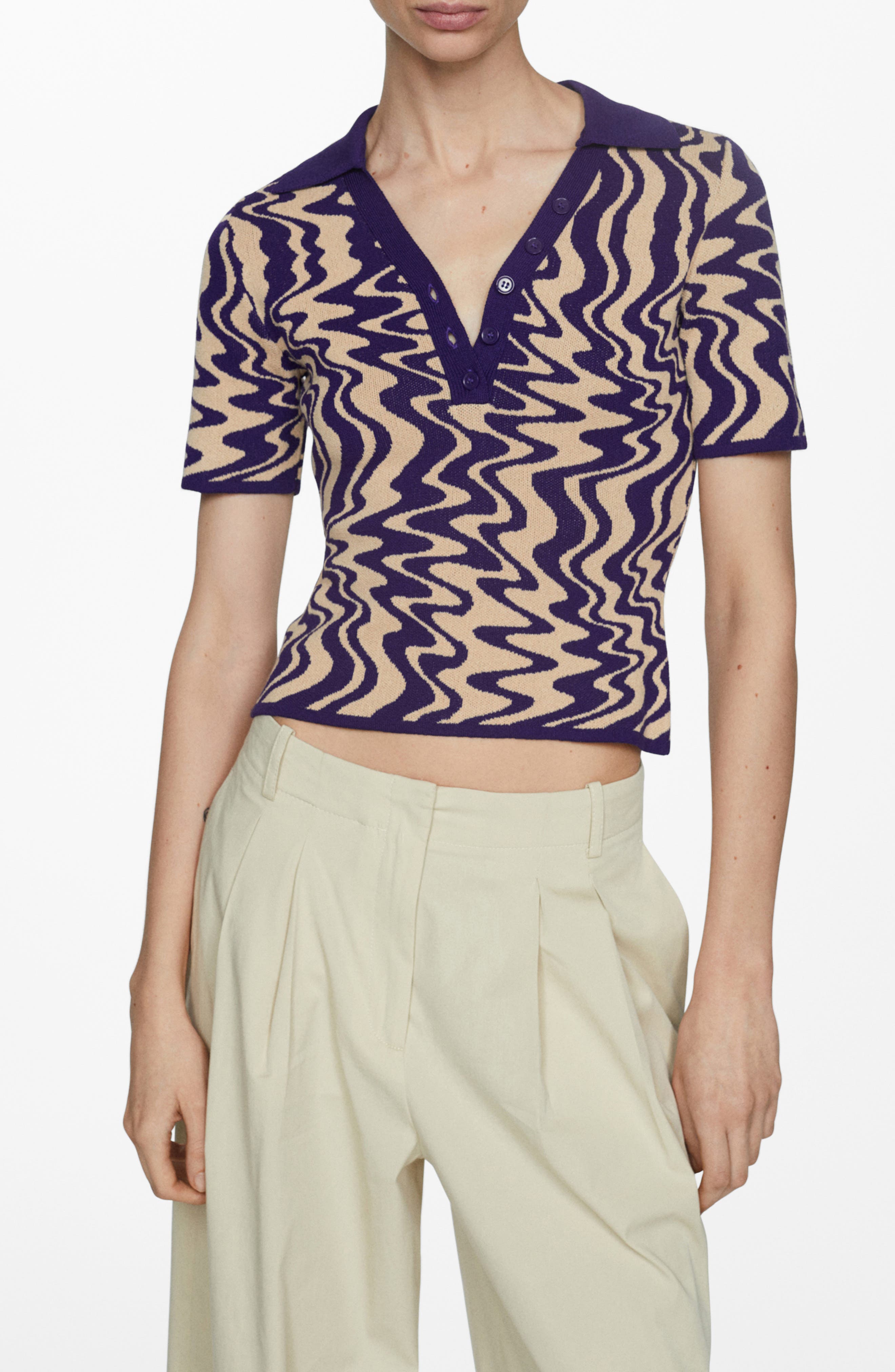MANGO Wavy Short Sleeve Polo Sweater (Women) | Nordstrom