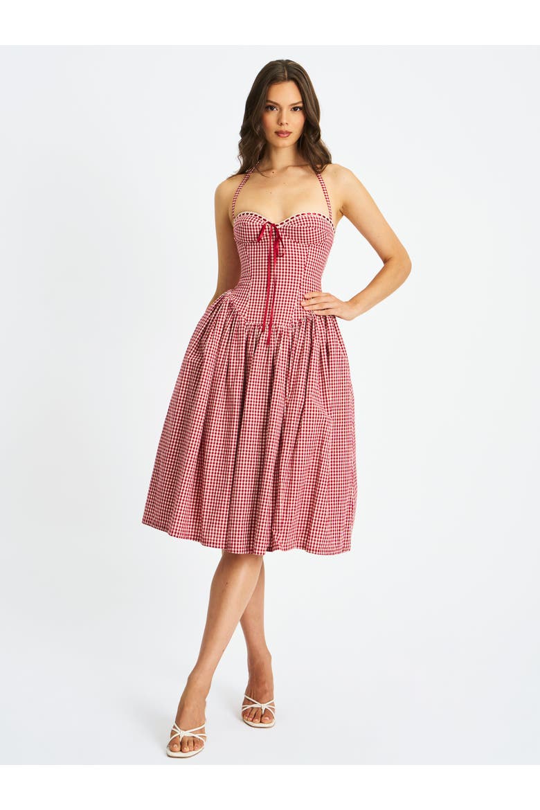 Susanna Gingham Halter Drop Waist Midi Dress, Main, color, Red and white cotton gingham