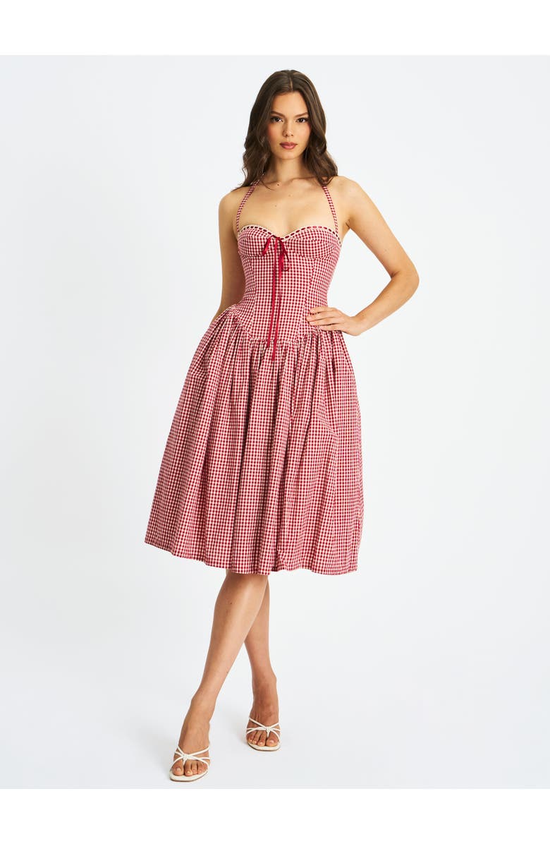 Miss Circle Susanna Gingham Halter Drop Waist Midi Dress, Main, color, Red And White Cotton Gingham