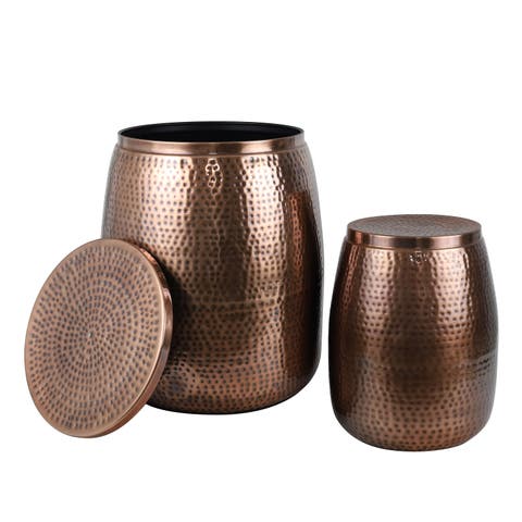 Merida Modern Rustic 2-Piece Hammered Metal Drum Storage Side Tables with Lids