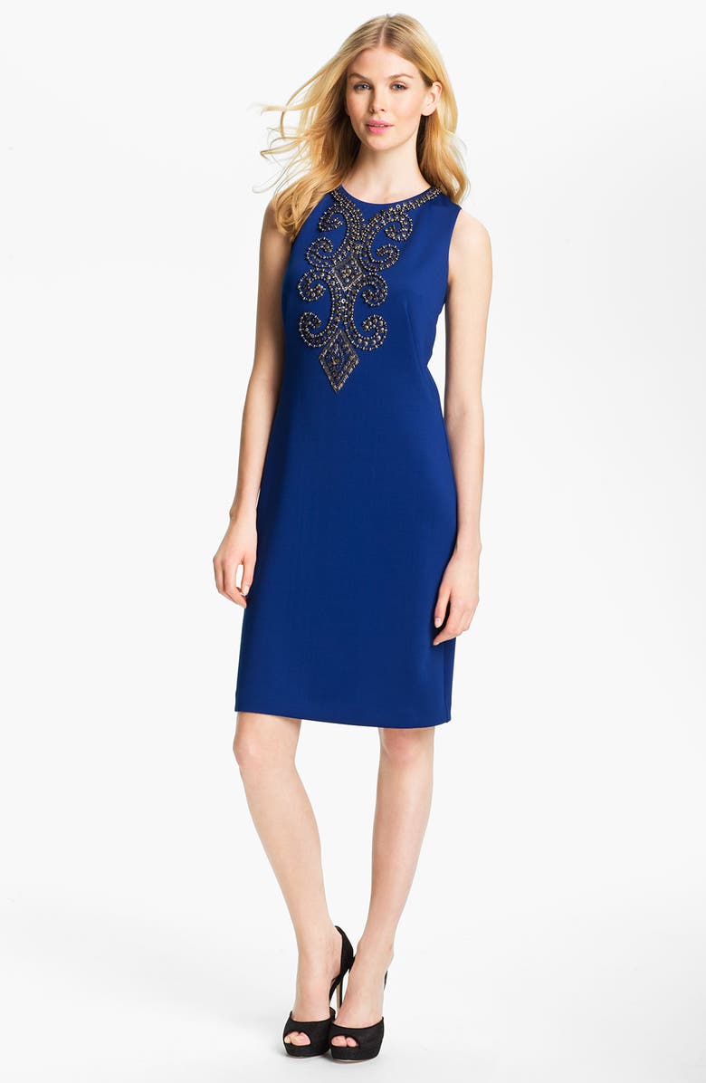 Ellen Tracy Sleeveless Embellished Front Sheath Dress, Main, color, 