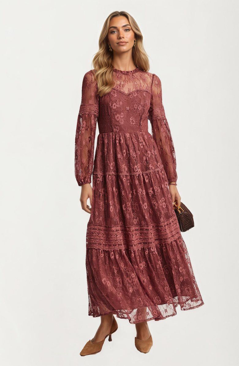Knit and Lounge Long Sleeve Lace Tiered Maxi Dress, Main, color, 