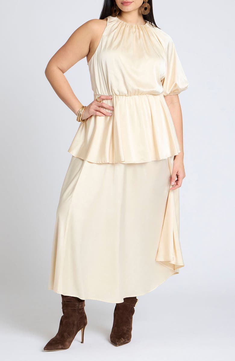 ELOQUII Asymmetric Satin Maxi Dress, Main, color, 