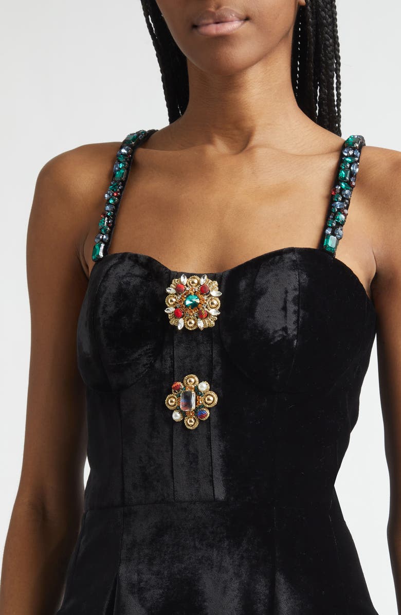 Balmain Embellished Strap Velvet Fit & Flare Dress, Alternate, color, Eah Blk Multi