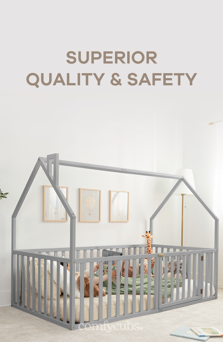 Comfy Cubs Kids House Gated Floor Bed Twin Size for Children Aged 5+, Alternate, color, Grey