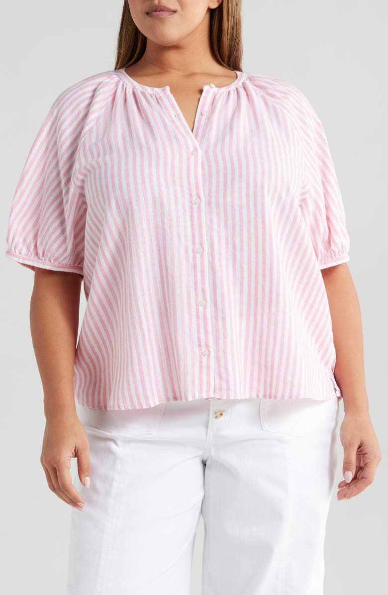 Caslon<sup>®</sup> Stripe Linen Blend Puff Sleeve Top, Main, color, Pink- White Brianne Stripe