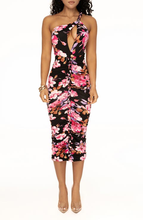 Jess Floral Ruched Braided One-Shoulder Midi Dress