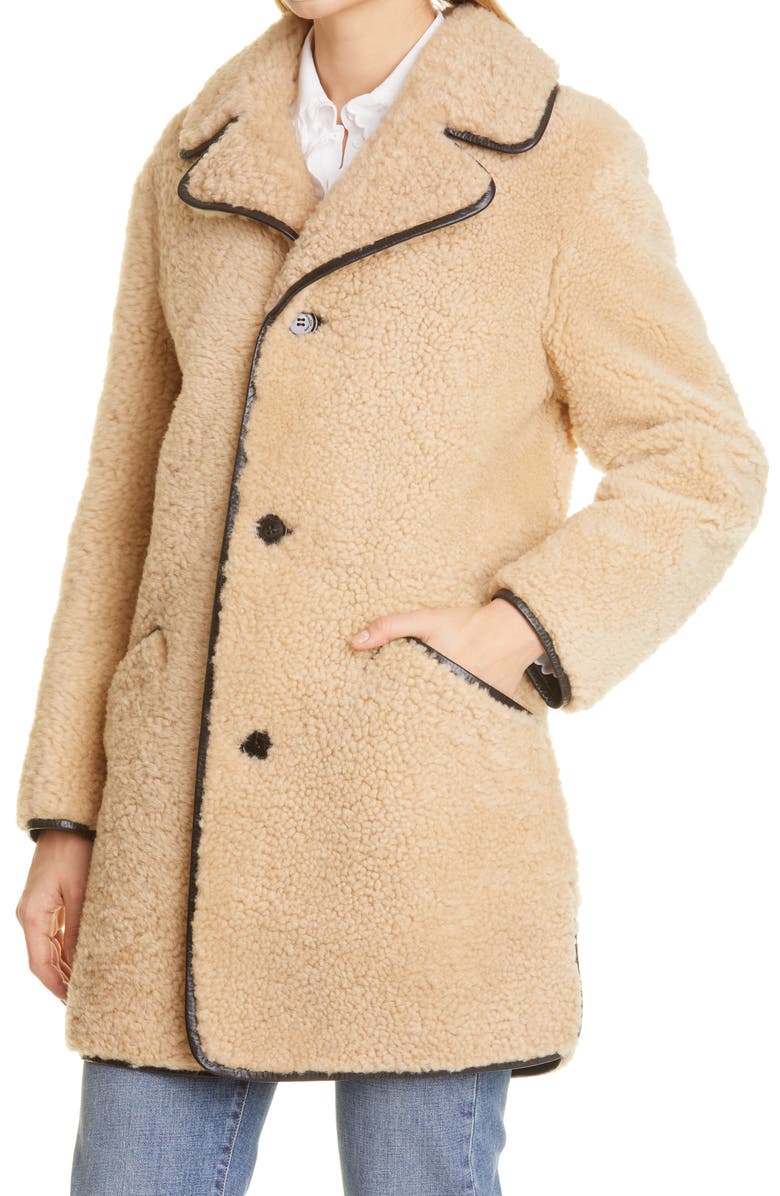 Saint Laurent Leather Trimmed Genuine Shearling Coat, Alternate, color,