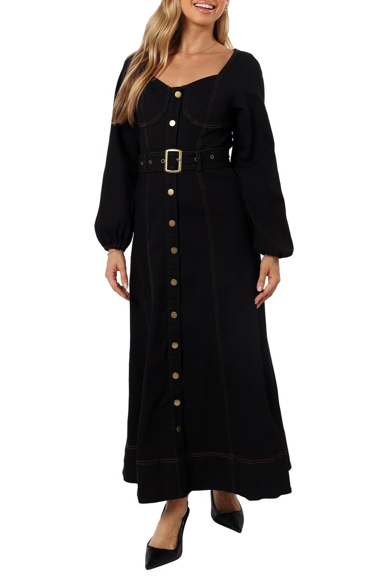 Mateo Long Sleeve Belted Denim Maxi Dress, Main, color, BLACK