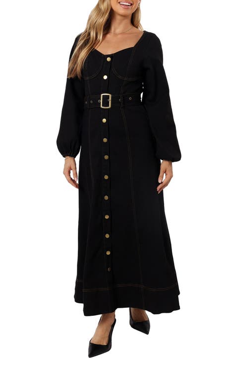Mateo Long Sleeve Belted Denim Maxi Dress